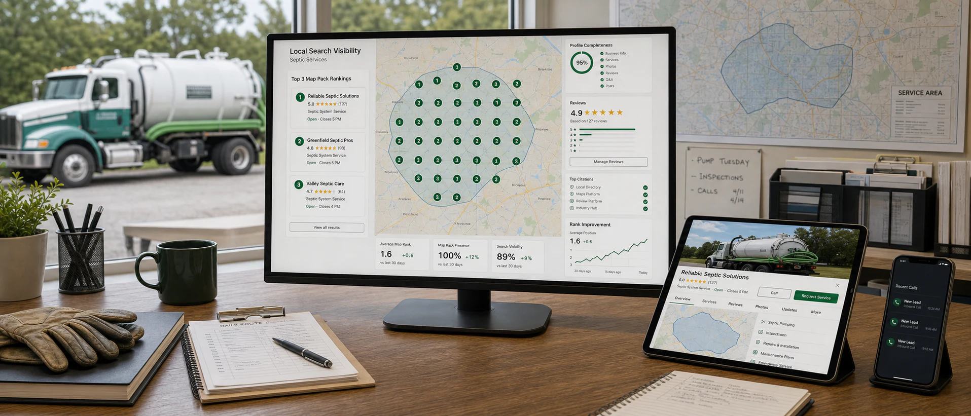 Local search geo-grid, top-three map rankings, reviews, and calls displayed for a septic company