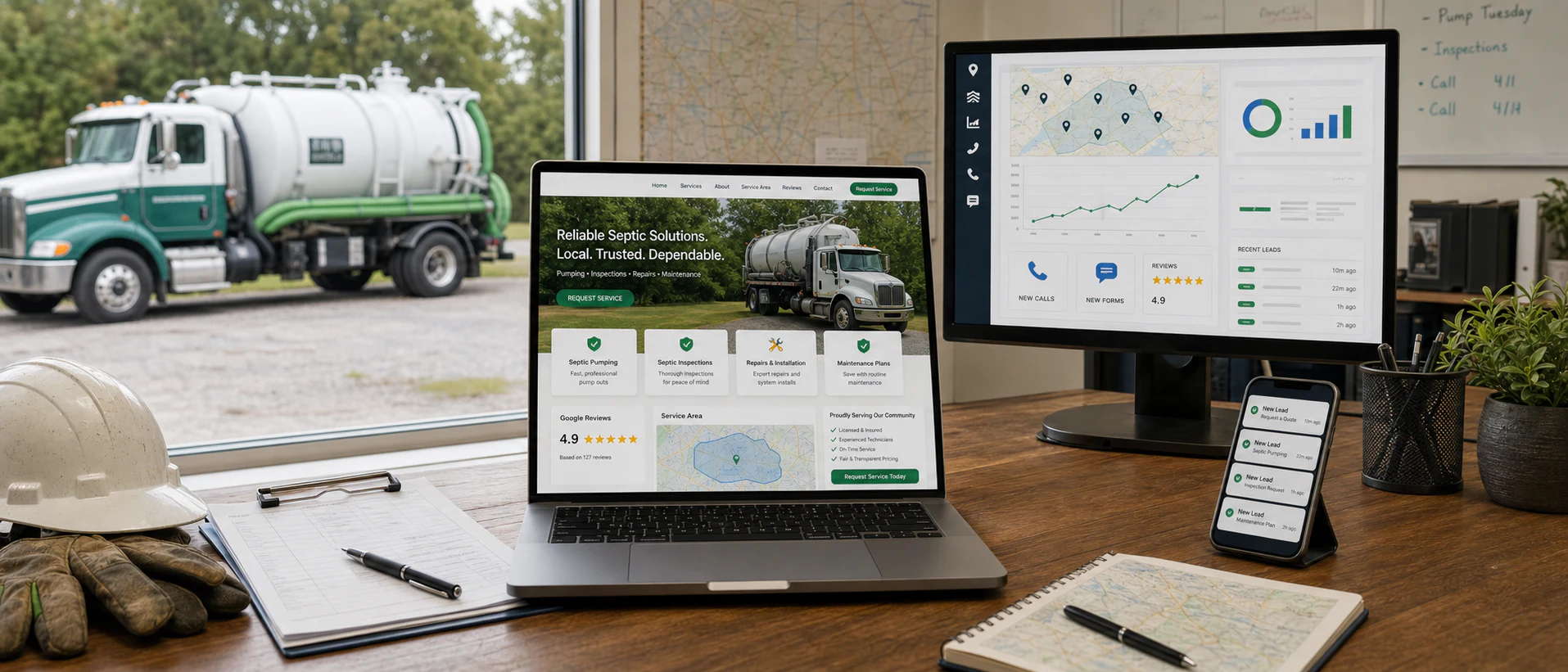 Septic company website, local search dashboard, reviews, and incoming leads displayed in a contractor office