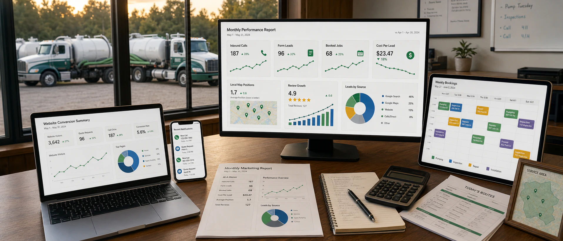 Septic marketing report showing calls, form leads, booked jobs, rankings, reviews, and a filled service calendar