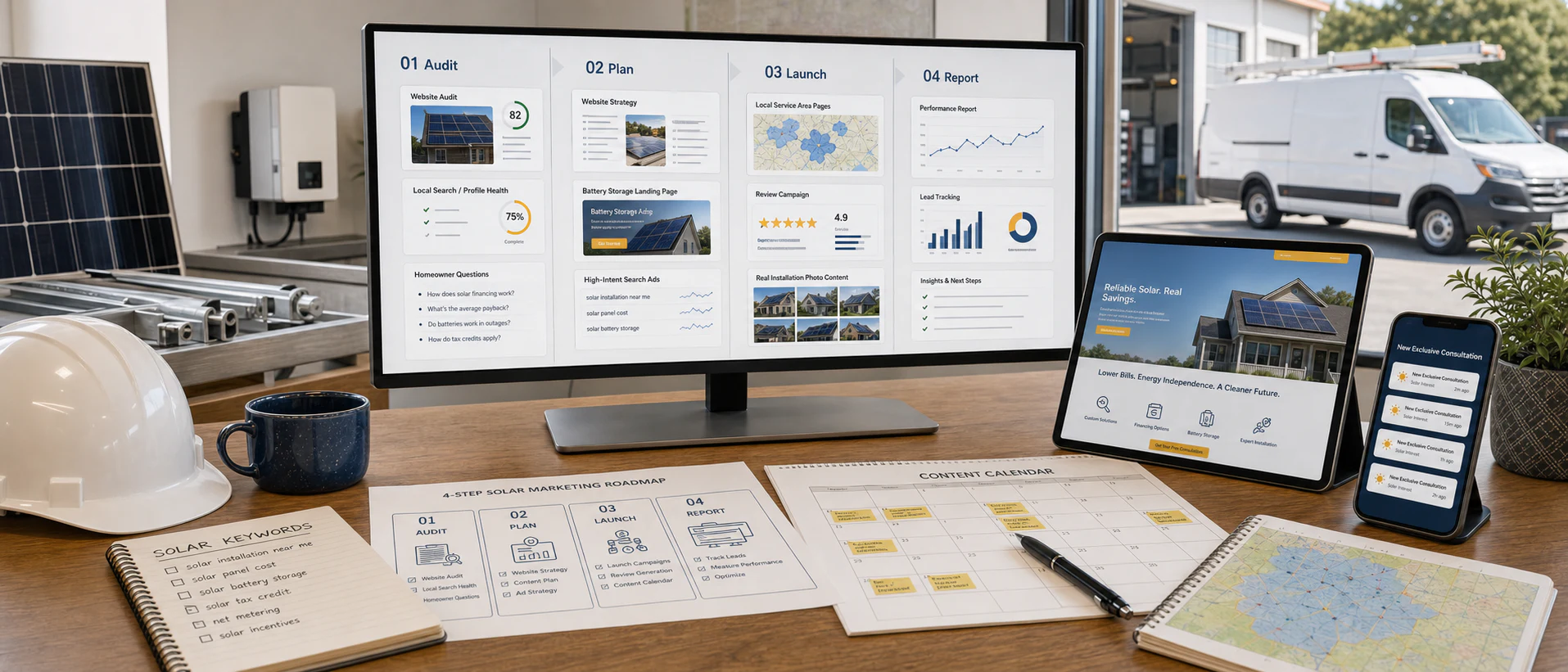 Four-stage solar marketing workflow covering audits, strategy, website content, local SEO, advertising, lead tracking, and reporting