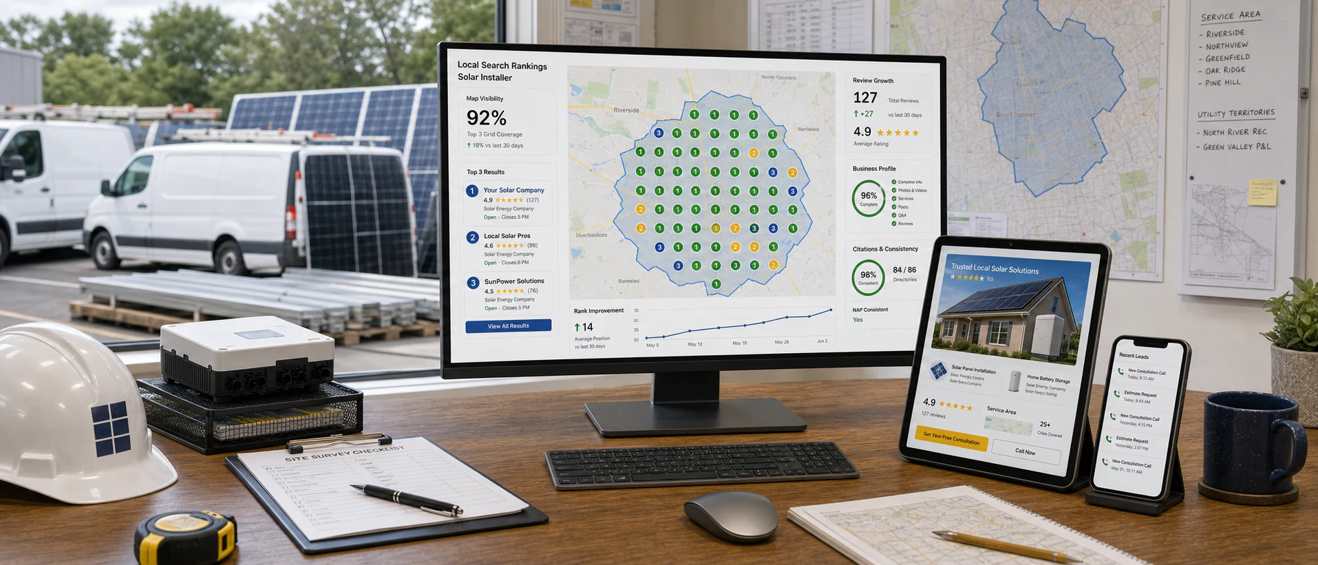 Local search geo-grid, top-three map rankings, reviews, citations, and consultation calls displayed for a solar installer