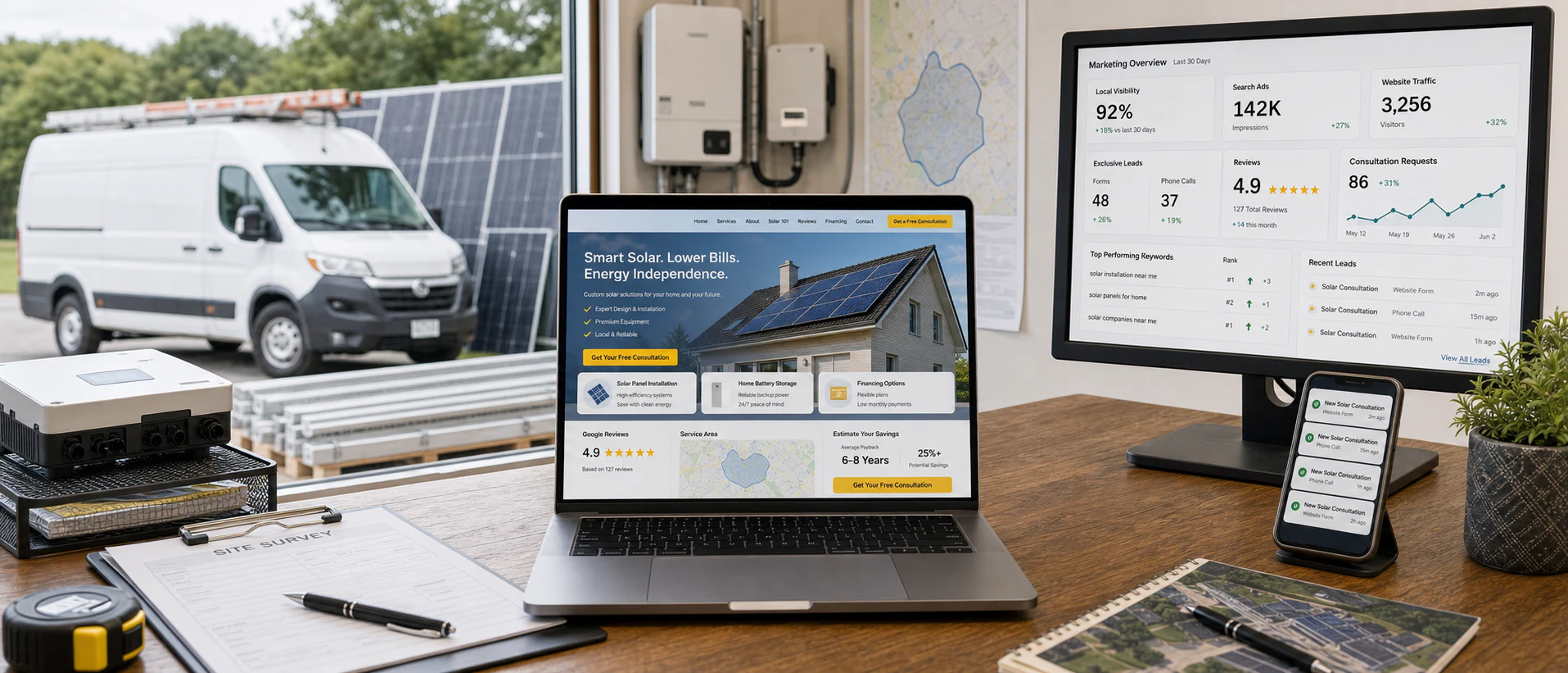 Solar company website, local visibility, reviews, advertising, and exclusive consultation leads displayed in an installer office