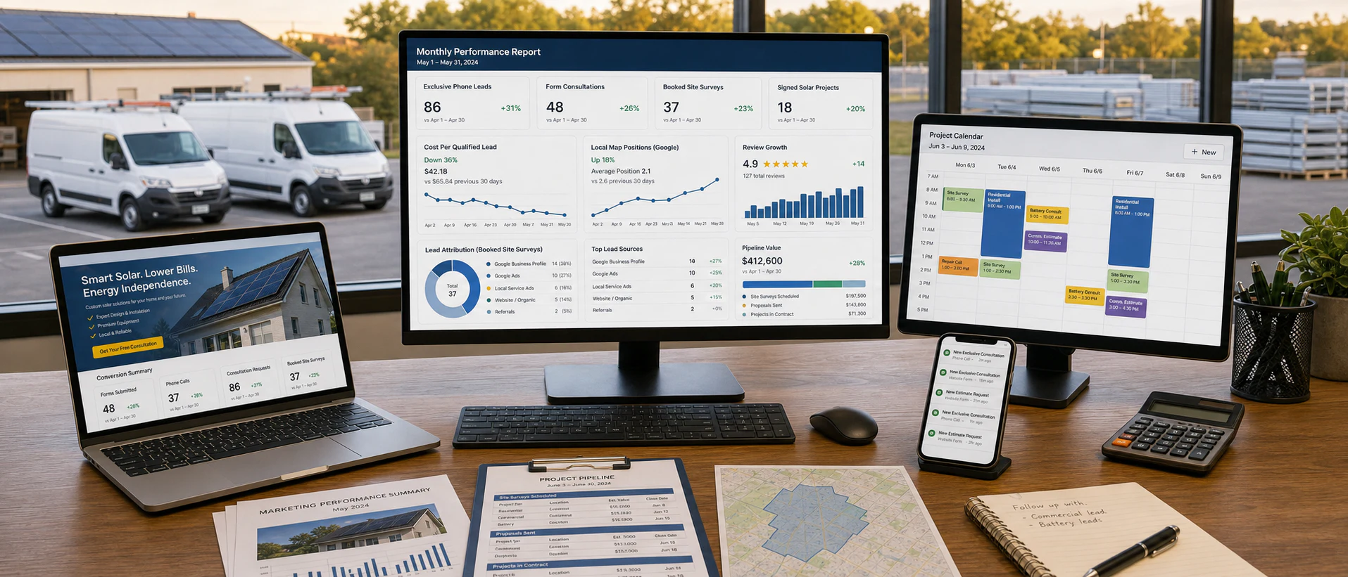 Solar marketing report showing exclusive leads, booked site surveys, signed projects, rankings, reviews, and a filled project calendar